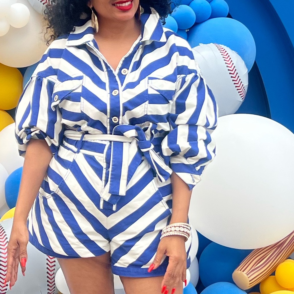 FARM Rio Blue and White Striped Belted Romper